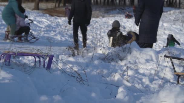 雪に覆われたスライドで販売されている子供たち — ストック動画