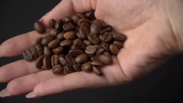 Kaffebönor hänger ut ur kvinnliga händer — Stockvideo