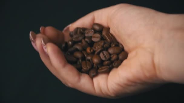 Koffiebonen zijn opgehangen uit vrouwelijke handen — Stockvideo