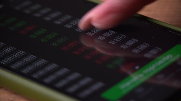 Értéktőzsde, Online Kereskedés, Kereskedő lány Dolgozik egy okostelefon a tőzsdén Trading Floor — Stock videók