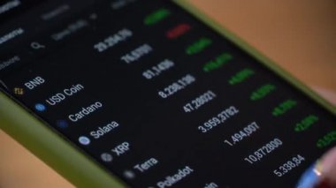 Bir Kız Tüccarın Eli Akıllı Telefondaki Borsa Alıntılarına Dokunuyor