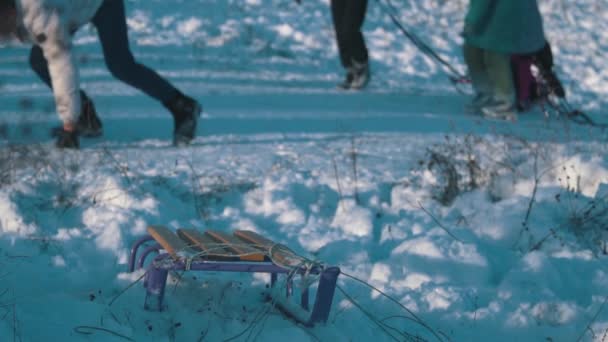 Crianças trenó em um Slide coberto de neve — Vídeo de Stock