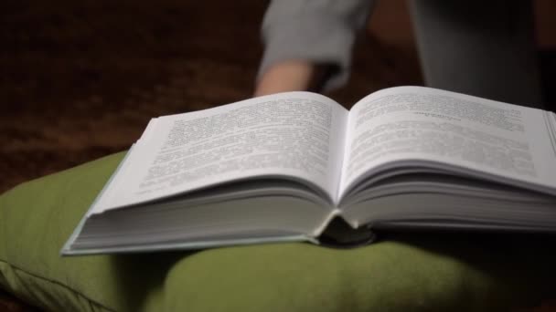 Vacker flicka läser en bok bekvämt medan du ligger i sängen — Stockvideo