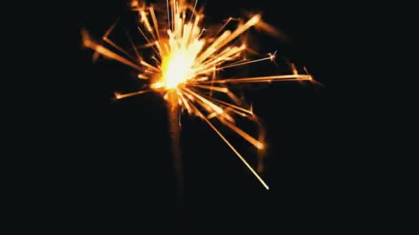 Feestelijke Sparkler Emits Sparks op een zwarte achtergrond Close-up — Stockvideo