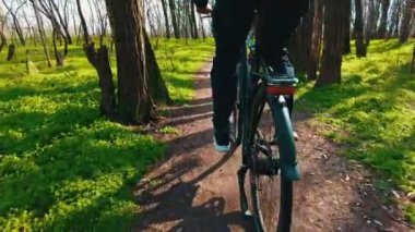 Genç Adam Yeşil Ormandaki Yol Boyunca Bisiklete Biniyor, Yavaş Hareket 'te Arka Görüntü