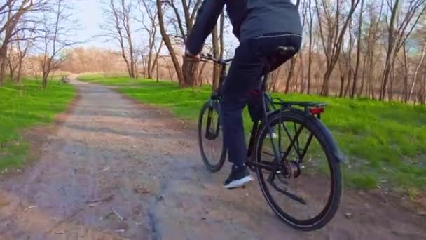 Mladý muž jede na kole po stezce v zeleném lese, zadní pohled v pomalé Mo — Stock video