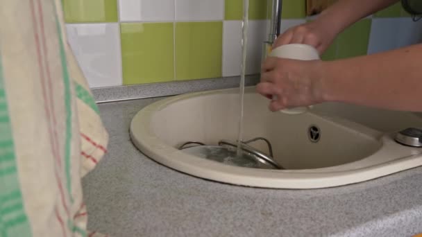 Girls Hands are Washing Cup with Washcloth and Detergent in Full Sink Slowmo — Stok video