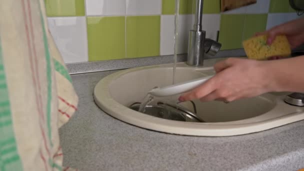 Girls Hands are Washing Plate with Washcloth and Detergent in Full Sink Slowmo — Stockvideo