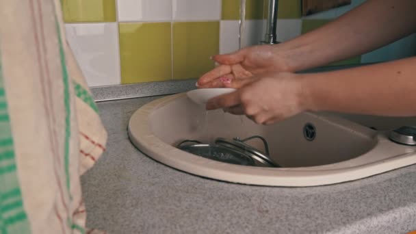 Girls Hands are Washing Plate with Washcloth and Detergent in Full Sink Slowmo — Stock Video