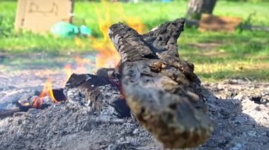 Kırmızı-sıcak kömür doğadaki bir yangında yanıp kül olur. Küçük ateşi olan gri kül tutucuları. Sıcak bir kamp ateşi küçük turuncu közlerle yanıp kül olur..