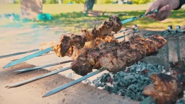 Juicy Shish Kebab Brochetas Fríe Sobre Fuego Hombre Vuelta Carne — Vídeos de Stock