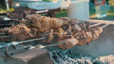 Şişe üzerindeki şiş kebap ateşte kızarır ve bir adam onu çevirir. Açık ateşte ızgara et. Doğada piknik, dışarıda yemek..