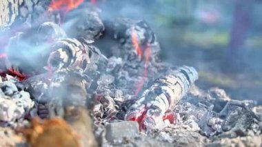 Kırmızı-sıcak kömür doğadaki bir yangında yanıp kül olur. Küçük ateşi olan gri kül tutucuları. Sıcak bir kamp ateşi küçük turuncu közlerle yanıp kül olur..
