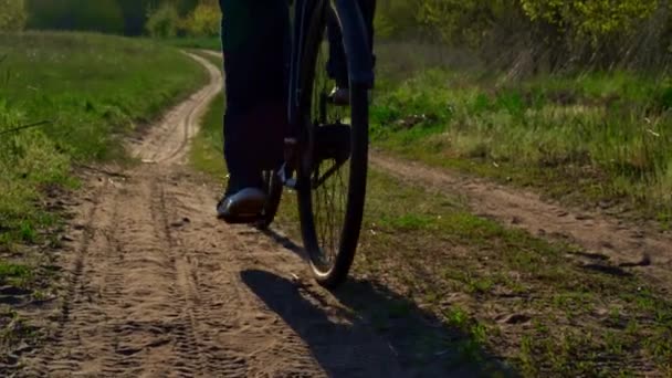 Joven Monta Bicicleta Por Sendero Polvoriento Bosque Atardecer Hombre Monta — Vídeo de stock