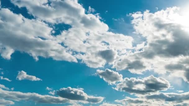 白いふわふわの雲が青空のタイムラプスをゆっくりと浮遊しています 美しい空が動いている 空雪白い雲が横に移動します — ストック動画