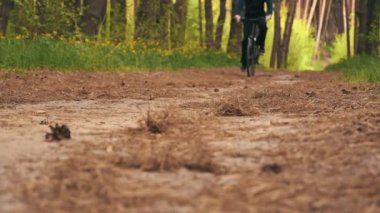 Genç adam gün batımında ormanda tozlu bir patika boyunca bisiklet sürüyor. Ormanda bisiklete binen bir adam sağlıklı bir hayat sürüyor. Spor, eğlence ve hobi, sağlık sigortası, fitness. Seyahat.