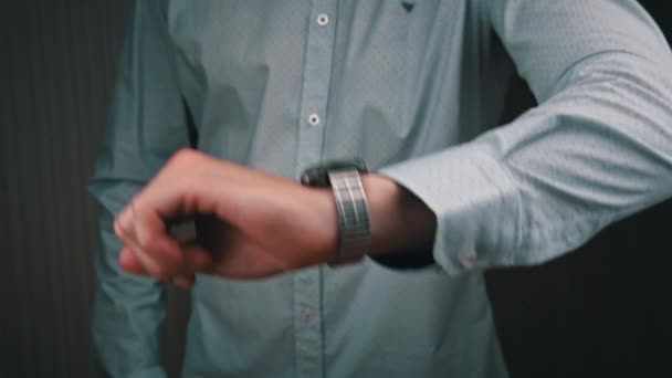 Man Businessman Shirt Looks His Wrist Watch Man Working Office — Video