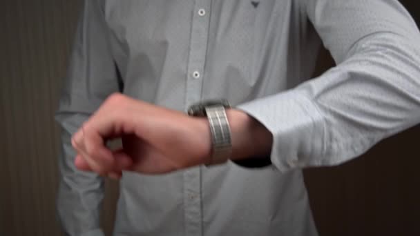 Man Businessman Shirt Looks His Wrist Watch Man Working Office — Vídeo de Stock