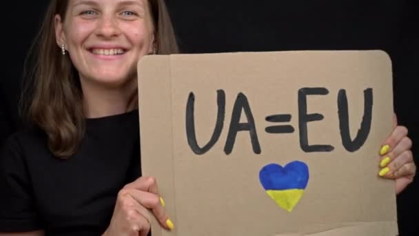 Girl Holds Poster Rejoices Ukraine Candidate European Union Ukrainians Now — Stockvideo