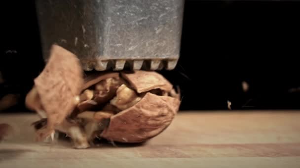 Hammer Breaks Walnut Slow Black Background Toughie Nuts Good Brain — Vídeo de Stock