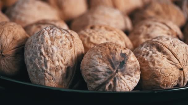 Lot Walnuts Shell Spinning Black Background Nuts Good Brain Heap — Vídeos de Stock