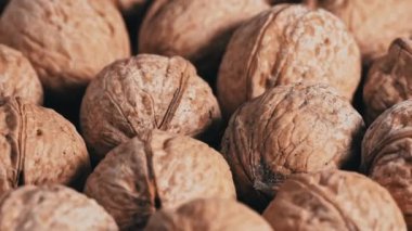 Lot of walnuts in the shell are spinning on a black background. Nuts are good for the brain. Heap of walnuts close-up.