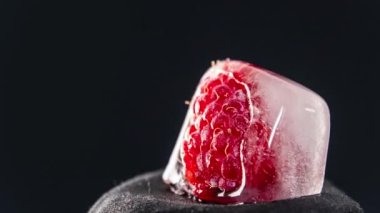 Timelapse raspberry melts and freezes in a piece of ice in a loop. Fruits melt from warm temperature, frost. The water freezes and turns into an ice cube.