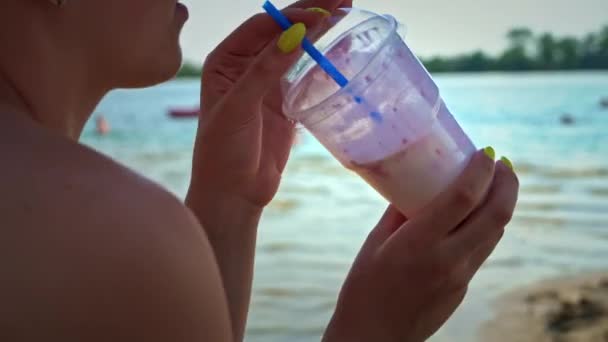 Young Girl Drinks Milkshake Beach Woman Drinks Cocktail Sea Coast — 图库视频影像