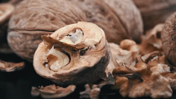 Lot Walnuts Shell Spinning Black Background Nuts Good Brain Heap — Video Stock
