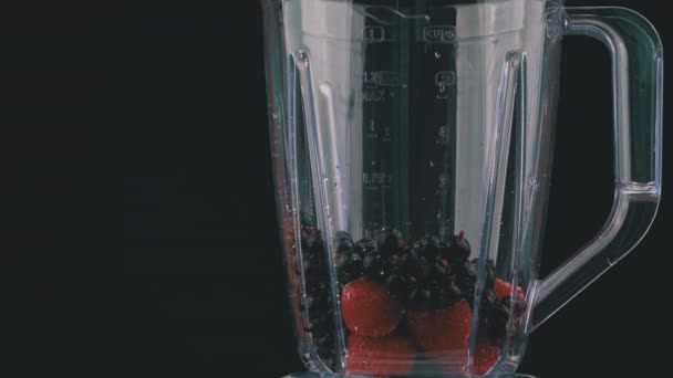 Milk Poured Blender Bowl Berries Strawberries Currants Milk Large Blender — Video