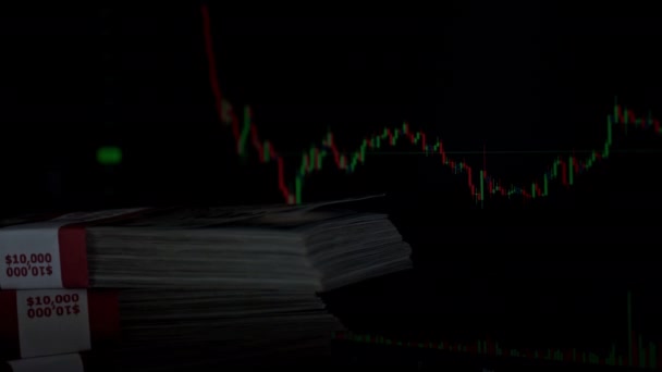 Paquetes Dólares Fondo Del Gráfico Del Mercado Valores Gente Pasa — Vídeo de stock