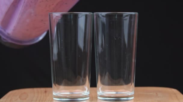Milkshake Berries Poured Glasses Two Glasses Fresh Milkshake Summer Drink — Stock Video