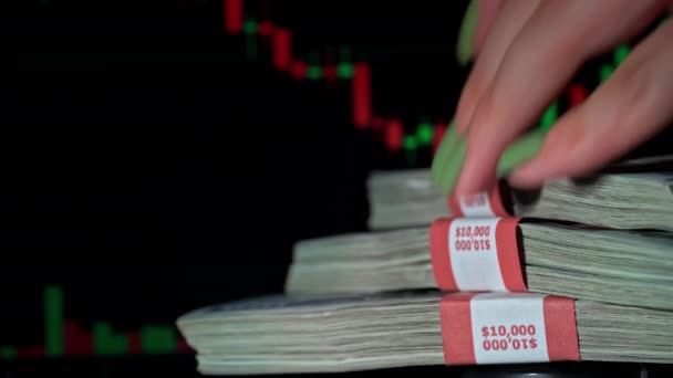 Bundles Dollars Background Stock Market Chart People Pass Hand Hand — Video Stock