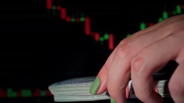 Bundles Dollars Background Stock Market Chart People Pass Hand Hand — Stockvideo