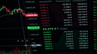 Kripto para birimi şeması, bitcoin grafiği yükseliyor. Dijital paranın kripto para birimi hızla yükseliyor ve düşüyor. Stok mumları koyu arkaplanı olan dijital bir bilgisayar ekranında yükseliyor.