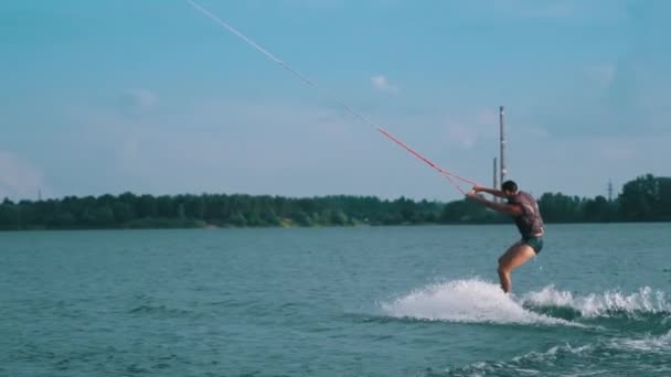 Man Rides Wakeboard Blue Water Water Sports Water Entertainment Tourists — ストック動画