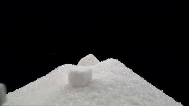 White Sugar Cubes Fall Granulated Sugar Black Background Sugar Spreads — Stockvideo