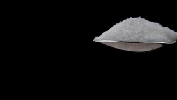 Sugar Cubes Fall Teaspoon Black Background Slow Motion White Sugar — Vídeo de stock