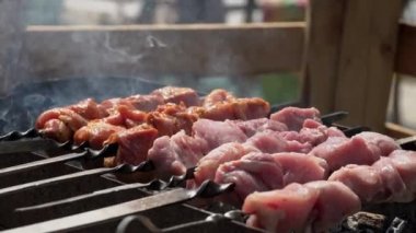 Meat barbecue is fried on skewers and in the grill in nature. Cooking delicious barbecue in nature. Delicious food on a metal skewer in a barbecue. Picnic time. Street eatery. Food Festival. Pork on