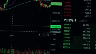 Kripto para birimi şeması, bitcoin grafiği yükseliyor. Dijital paranın kripto para birimi hızla yükseliyor ve düşüyor. Stok mumları koyu arkaplanı olan dijital bir bilgisayar ekranında yükseliyor.