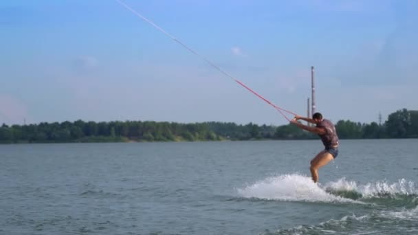 Man Rides Wakeboard Blue Water Water Sports Water Entertainment Tourists — Wideo stockowe