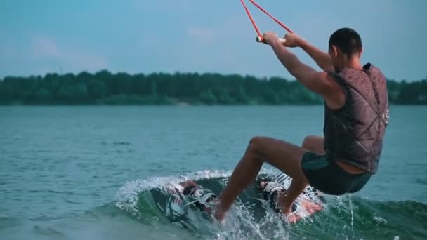 Man Rides Wakeboard Blue Water Water Sports Water Entertainment Tourists — Wideo stockowe