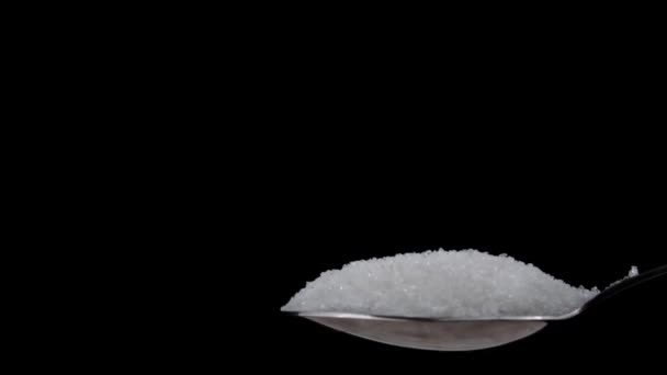 Sugar Cubes Fall Teaspoon Black Background Slow Motion White Sugar — Vídeo de Stock