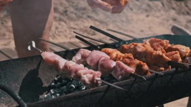 Meat barbecue is fried on skewers and in the grill in nature. Cooking delicious barbecue in nature. Delicious food on a metal skewer in a barbecue. Picnic time. Street eatery. Food Festival. Pork on