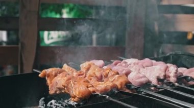Meat barbecue is fried on skewers and in the grill in nature. Cooking delicious barbecue in nature. Delicious food on a metal skewer in a barbecue. Picnic time. Street eatery. Food Festival. Pork on