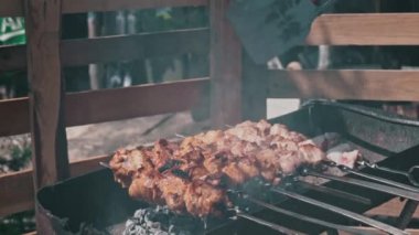 Meat barbecue is fried on skewers and in the grill in nature. Cooking delicious barbecue in nature. Delicious food on a metal skewer in a barbecue. Picnic time. Street eatery. Food Festival. Pork on