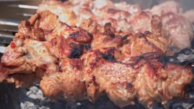 Meat barbecue is fried on skewers and in the grill in nature close-up. Cooking delicious barbecue in nature. Delicious food on metal skewer in a barbecue. Picnic time. Street eatery. Pork on the fire