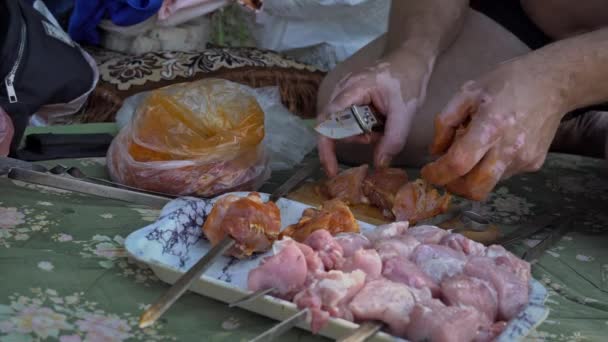 Mužské Ruce Krájejí Marinované Maso Pro Shish Kebab Přírodě Rodinná — Stock video