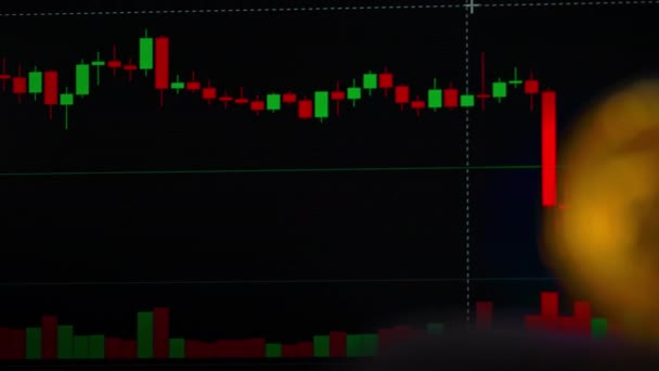 Bilgisayar Ekranındaki Kripto Para Ticareti Grafiğinin Arka Planında Bitcoin Var — Stok video