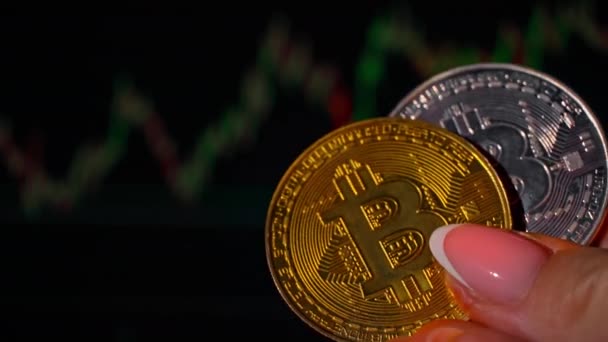 Bitcoin Munt Achtergrond Van Een Cryptogeld Trading Chart Het Computerscherm — Stockvideo